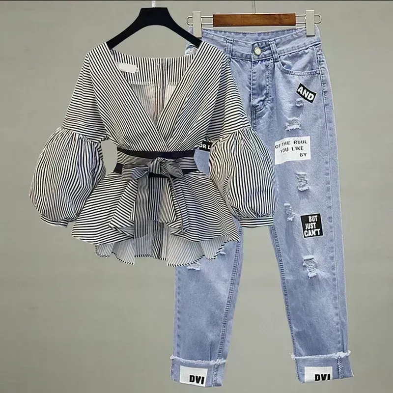Women Elegant V-Neck Stripe La - Korean Lifestyle ulasan dan harga