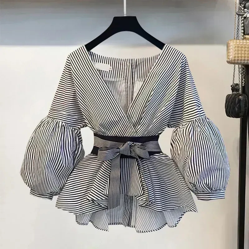 Women Elegant V-Neck Stripe La - Korean Lifestyle ulasan dan harga